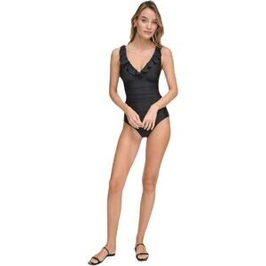 New DKNY Womens Large Ruffle V Neck Underwire Tummy Control One Piece Swimsuit